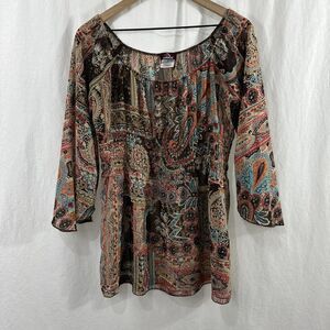 Jordache Y2K Paisley Boho Metallic Smocked Flare Babydoll Top Size L 11/13